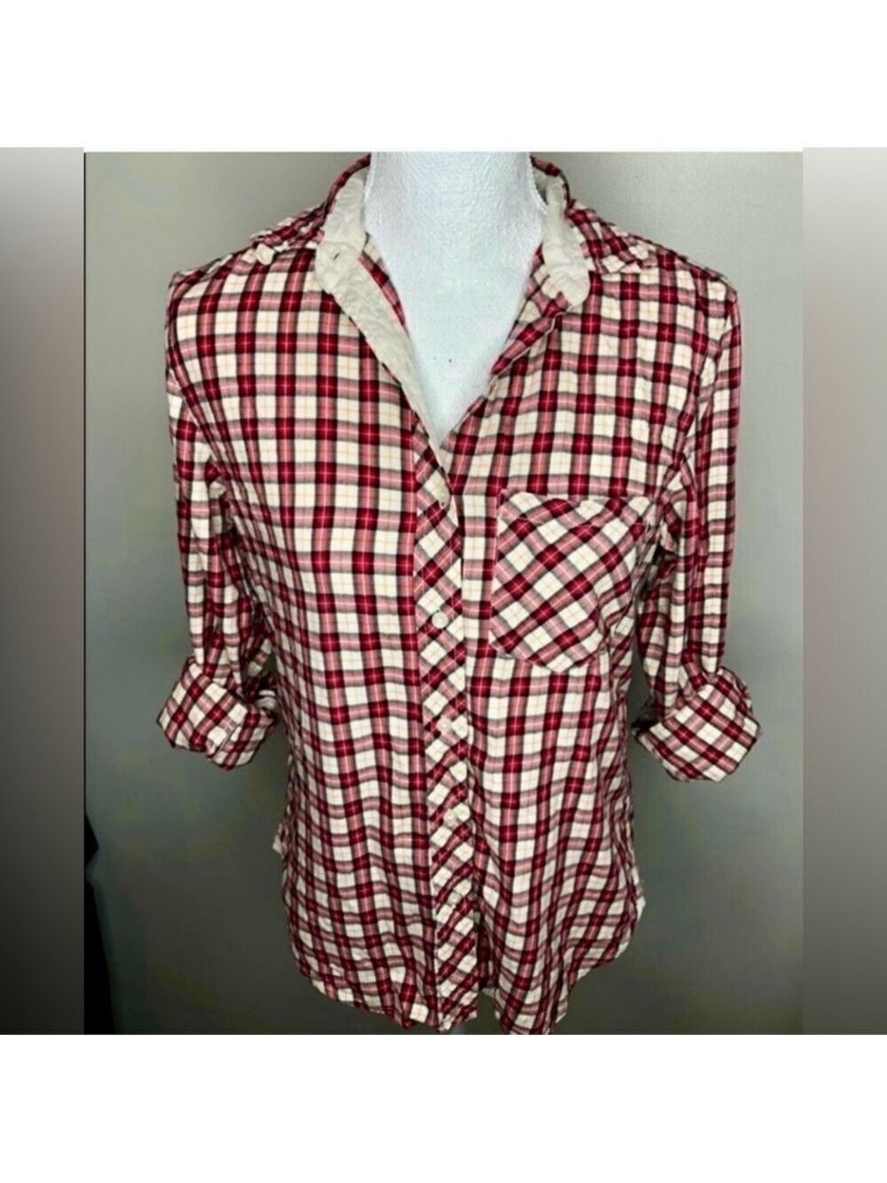Plaid Cotton Flannel Shirt Silk Trim Red Black White XS